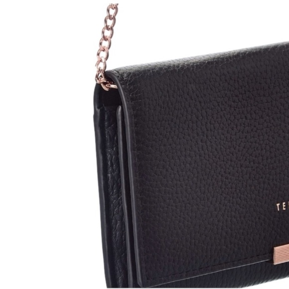 NWOT Ted Baker Janet Black Pebble Leather Matinée Wallet On Rose Gold Chain - Picture 3 of 15